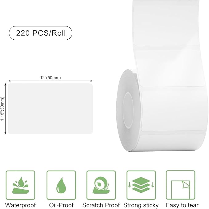 Risio Thermal Labels 2"x1.18"(50x30mm),220 Labels/Roll(5 Rolls),Waterproof, Oil-Resistant, Scratch-Resistant Thermal Label Paper,for Barcode/Address/Mailing/Logo/Business/Home