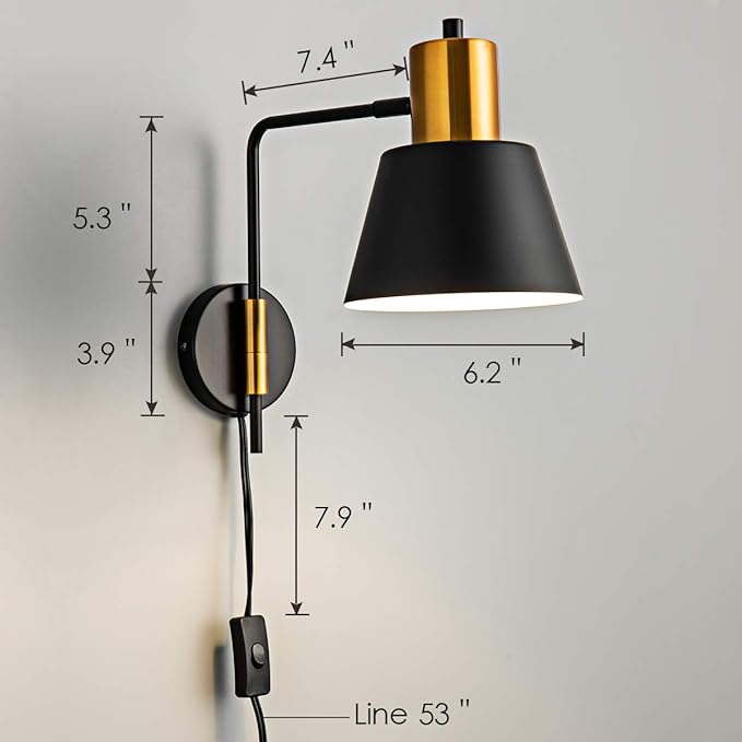 Ahaloye Modern Swing Arm Wall Sconce Plug in Set of 2, Rotatable Black Wall Lights with On/Off Cord for Bedroom, Living Room