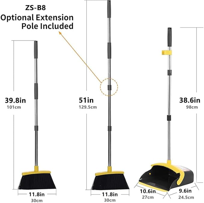 Brooms with Dustpan Combo Set， with 52" Long Handle, Dustpan Teeth with self-Cleaning Function, Indoor and Outdoor Sweeping, Perfect for Home Office (Large/Yellow/ 2-Pack)