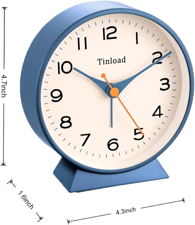 Tinload 4.5" Battery Operated Retro Analog Alarm Clock, Small Silent Bedside Desk Clock,Lighted on Demand, Battery Operated, Snooze, for Living Room, Bedroom, Bedside, Desk(Blue)