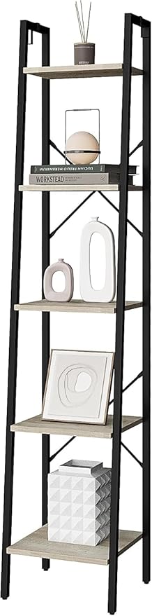 Hzuaneri Ladder Shelf, Bookshelf Bookcase, Freestanding Corner Storage Shelve with 2 Hooks for Home Office, Living Room, Kitchen, Bedroom, Industrial, 11.8" D x 13.4" W x 63" H, Greige BC03205B