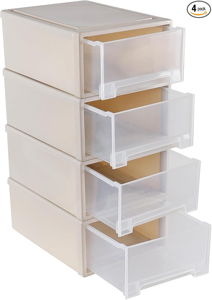 Buyitt 4-Pack 19 Quart Stacking Drawer, Clear Storage Closet Organizer, Yellow Frame, Stackable Modular Plastic Drawers for Clothes, Accessories, Craft Supplies, Shoes or Linens