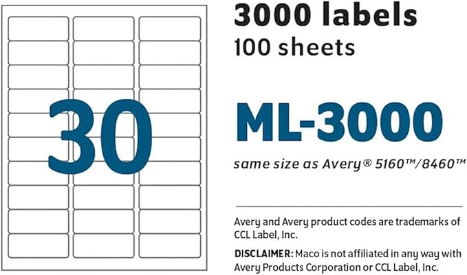 MACO ML3000 White Laser/Inkjet Shipping & Address Labels, 1 x 2 5/8 (Box of 3000)