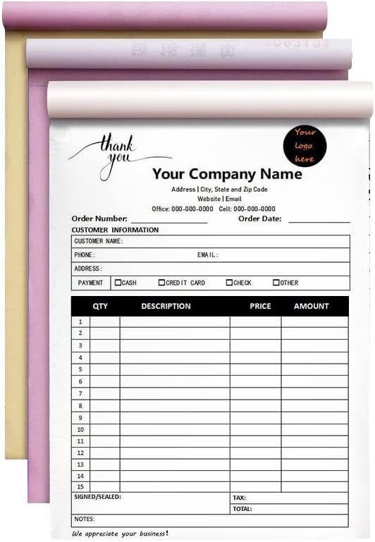 Custom Carbonless Sales Invoice Form Books for Small Business, Personalized NCR 3-Part Receipt Book with Carbon Copies, Cover Add Company Name, Address and Number Printed
