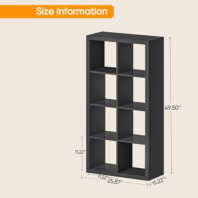 furtble Bookshelf with Storage Bins, 8-Cube Storage Organizer, Modern Wood Open Bookcase, Multifunctional Display Shelf for Living Room, Bedroom, Home Office, Matte Black
