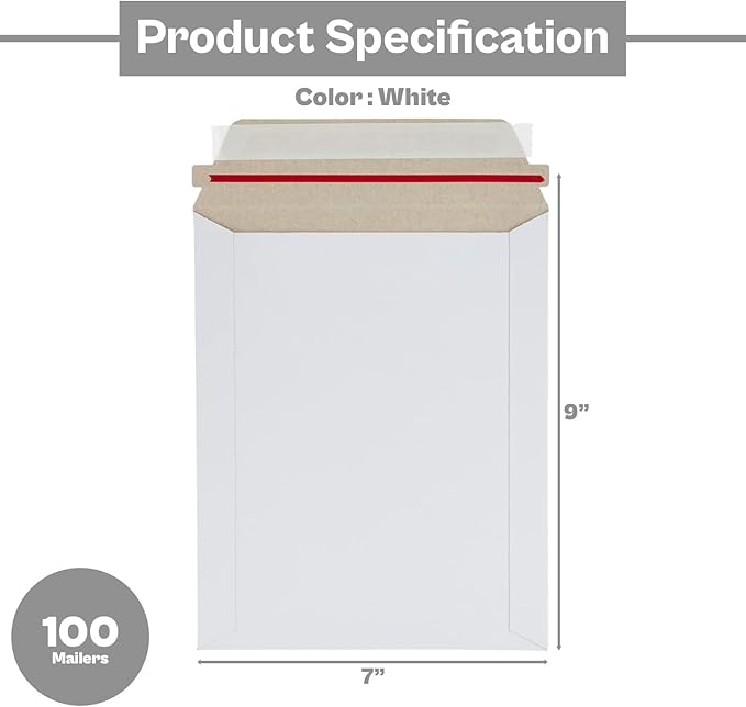 PSBM 100 PCS 7 x 9 Inch White Rigid Photo Mailers, Cardboard Shipping Envelopes, Mailers for Shipping Photos, CDs, Documents, Catalogue, Or any Flat Object