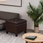 Adeco 15.2" Modern Brown Faux Leather Storage Ottoman with Tufted Flip Top for Living Room, Tufted Accents Rectangular Bench for Foot Rest