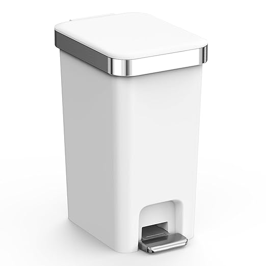 accep Slim Bathroom Trash Can with Lid, 2.6 Gallon /10 Liter Small Waste Basket, Press Top Bin & Step Metal Pedal Trash Bin, Mini Garbage Cans for Bedroom, Office, Kitchen, Dorm (Grayish-White)