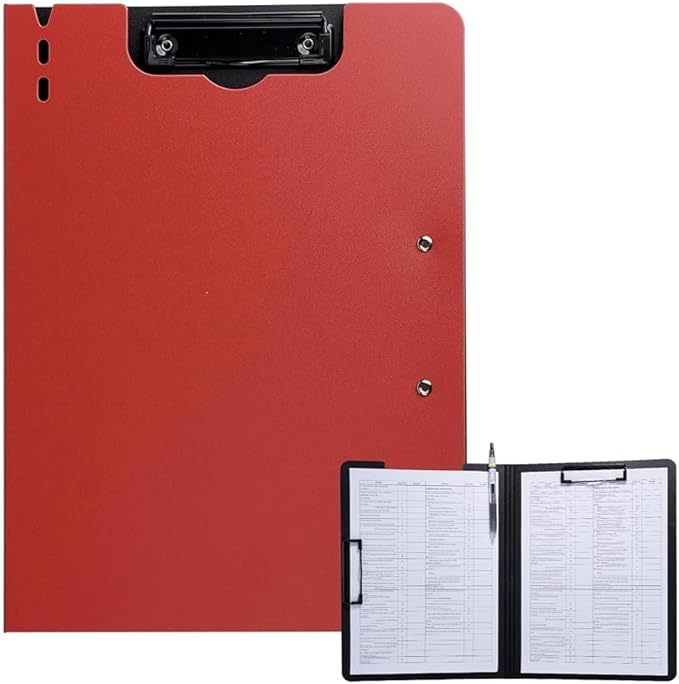 FRETONBA Clipboard Folder, A4 Foldable Clipboard with Horizontal and Vertical Double Metal Clips, 360 Degree Foldable Binder Clipboards with Pen Holder, File Cover Work Folder Clipboards, Red