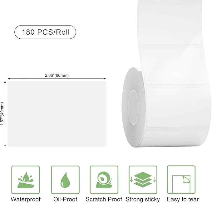Risio Thermal Labels 2.36"x1.57"(60x40mm),180 Labels/Roll(5 Rolls),Waterproof, Oil-Resistant, Scratch-Resistant Thermal Label Paper,for Barcode/Address/Mailing/Logo/Business/Home