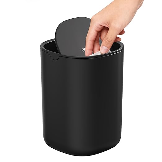 Cesun Mini Desktop Trash Can with Swing Lid, 0.4 Gallon Small Desk Trash Can, Countertop Wastebasket, Modern Tiny Tabletop Bin for Home Office, Makeup Area, or Car Interior (Black)