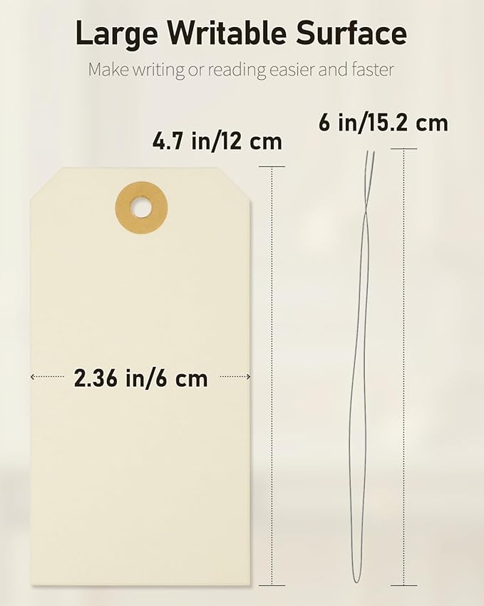 Uniclife 100 Pcs Manila Tags Blank Shipping Tag with Wire Attached 4.7 Inch Paper Hang Tag with Reinforced Eyelet Large Marking Writable Price Tags Inventory Label, 4.7" x 2 3/8"