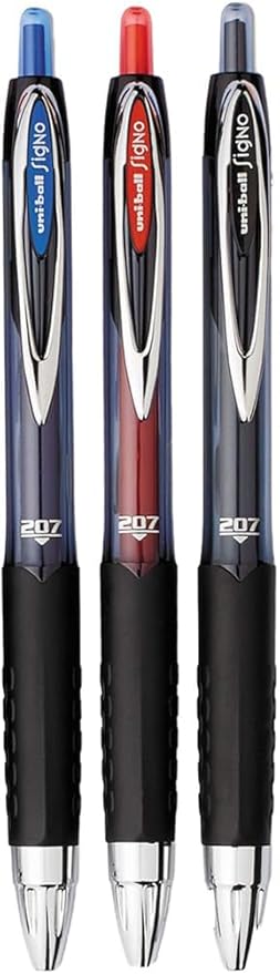 Advantage Gifts Signo 207 Roller Ball Retractable Gel Pens, Medium Point (0.7mm), Black Blue And Red Ink, 3 Count, Bundle with Plastic Reusable Pouch