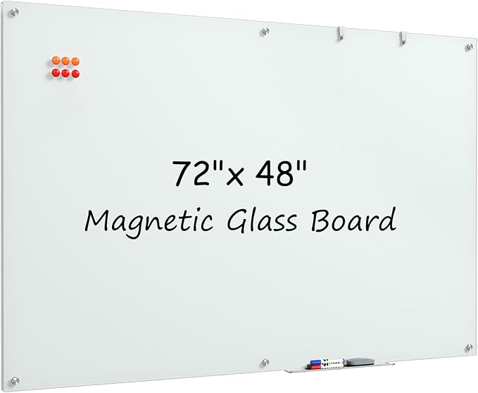 MaxGear Glass Whiteboard, Tempered Magnetic Dry Erase Board 72 x 48 Inch, Frameless Wall Mounted, Office Classroom Conference Room Home Use, Includes Markers, Eraser, Magnets & Mounting Kit