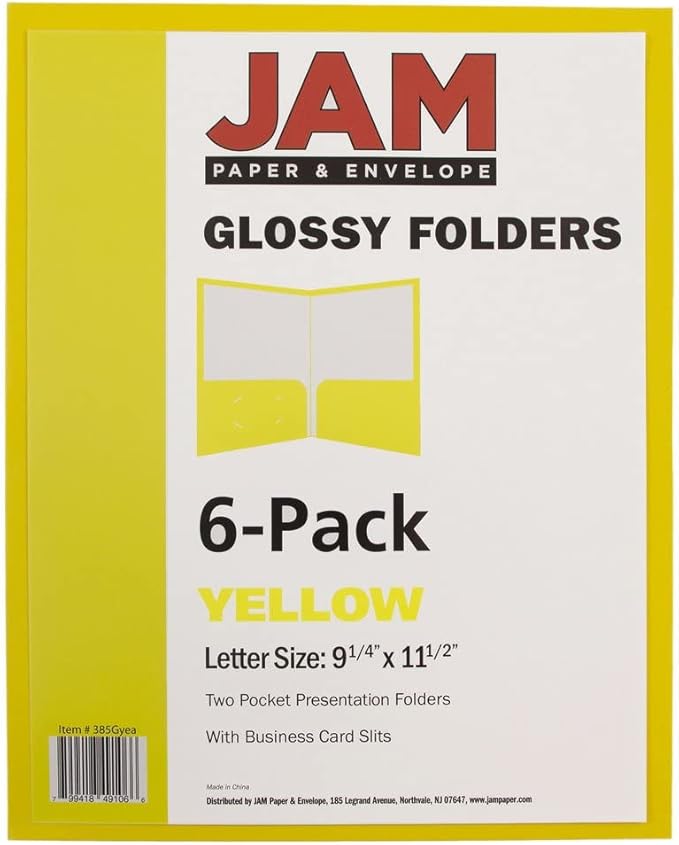 JAM PAPER Laminated Two Pocket Glossy School Folders - Letter Size - High Gloss Yellow - 6/Pack