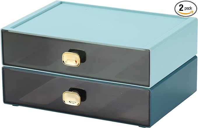 OSteed Spacious Desktop Storage Box, 2 Large Storage Drawers, Stackable Office Desk Drawer Organizer and Accessories, Printer Paper Organizer, Blue & Cyan Plastic Drawers for Workspace & Home
