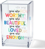 Vgrti You are Worthy Beautiful Acrylic Makeup Brush Organizer Holder, Boho Motivational Vanity Desk Organizer Accessories for Bedroom Office Decor, Inspirational Gifts for Women Girls Daughter Sister