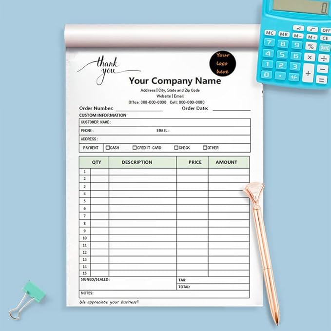 Custom Carbonless Sales Invoice Form Books for Small Business, Personalized NCR 3-Part Receipt Book with Carbon Copies, Cover Add Company Name, Address and Number Printed