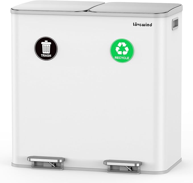 Lovewind Trash Can, 2 x 10.5 Gallon (2 x 40 L) Garbage Can for Kitchen Dual Compartment Recycling Kitchen Step Trash Bin, Stainless Steel Trash and Recycle Bin Combo with Soft-Close Lid, White