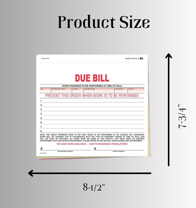 Vehicle Due Bill Form - 3-Part Carbonless Snap-Out 8.5 x 7.75 Car Dealership Service Agreement Forms, Auto Repair Vehicle Documentation Forms NCR - White, Canary, Pink - Pack of 100