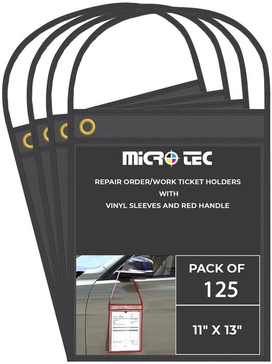 MICRO TEC Repair Order/Work Ticket Holders – Heavy-Duty Vinyl Sleeves with Black Handle – 11" x 13" for Automotive Repair Orders, Job Tickets, Documents – Pack of 125 – Solid Black