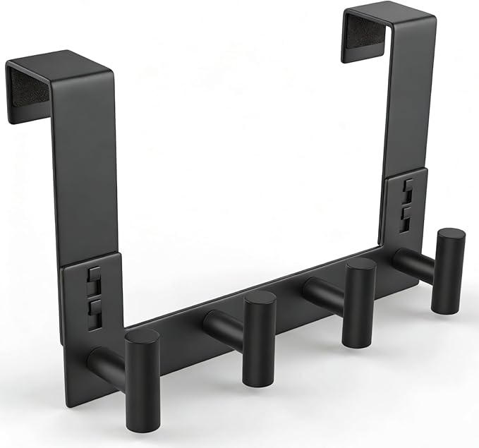 PMMASTO Over The Door Hooks, Fits 1-3/4" Thick Door No Drill Hooks for Closet Bathroom Bedroom Organization, Hanger for Coat Towel Robe (Black, 4 T-Hooks)
