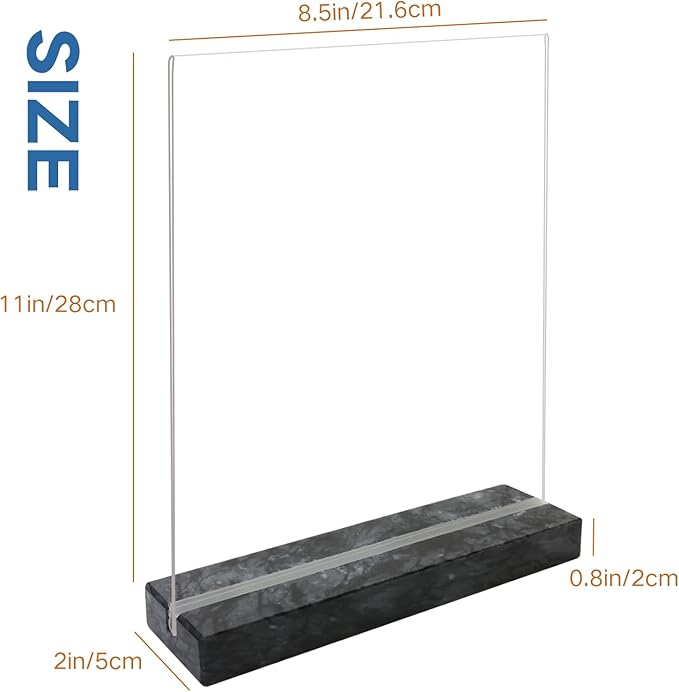 vrupin 2 Pack 8.5x11 Acrylic Sign Holder, Acrylic Frame Natural Marble Base, Clear Plastic Sign Holder Picture Photo Frames, Flyer Document Paper Display Stand for Office Desktop (black marble)