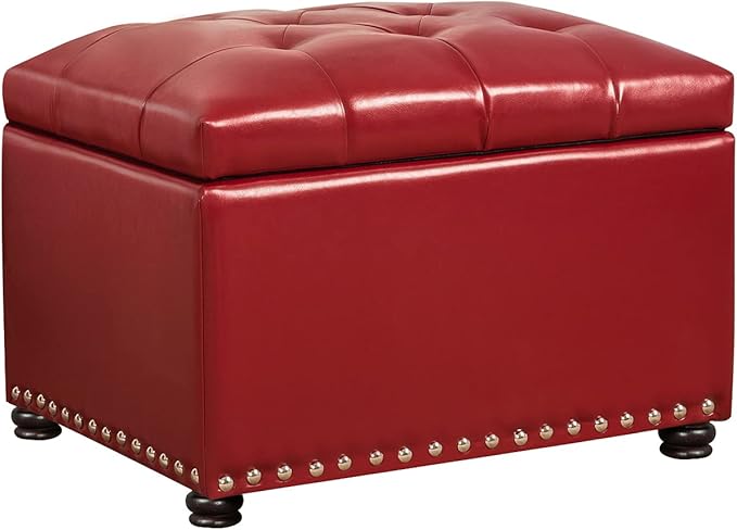 Decent Home 24'' Leather Storage Ottoman Rectangular Foot Rest Stool with Nailhead Trim for Bedroom Living Room(Red)