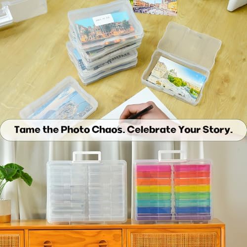 Haundry Photo Storage Box with 16 Inner 4" x 6" Photo Case, Portable Storage Organizer with Handle Craft Keeper for Picture, Stickers, Stamps, Screws, Hair Clips, Clear