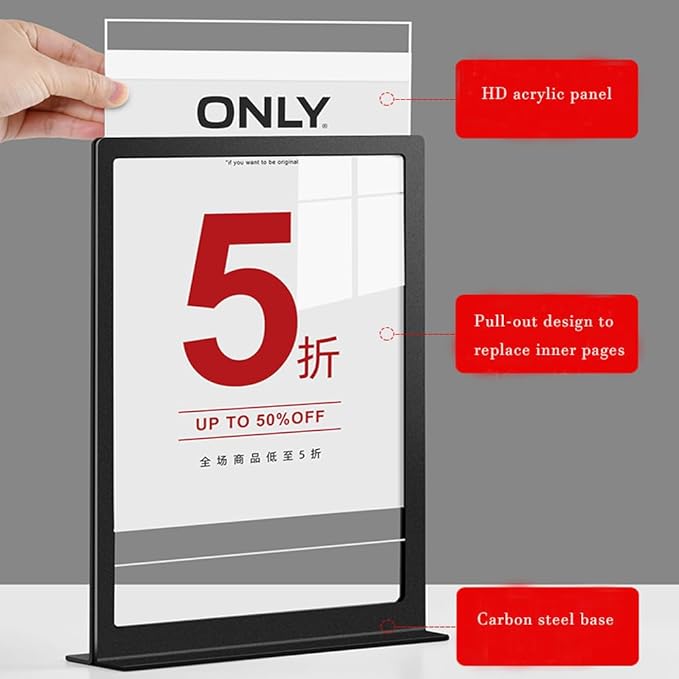 ECKEK Carbon Steel Sign Holder, Slanted Menu Displays, Table Top Sign Stand (L Shape Black A4 210×297mm/8.27×11.69 inches)