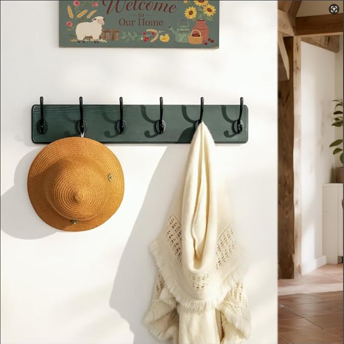 Dseap Coat Rack Wall: 24" Long, Patented, Heavy-Duty, 6-Double-Hooks Wooden Wall Mounted Coat Rack Coat Hanger Hook Rail for Winter Coats Hat Jacket Clothing, Weathered Green