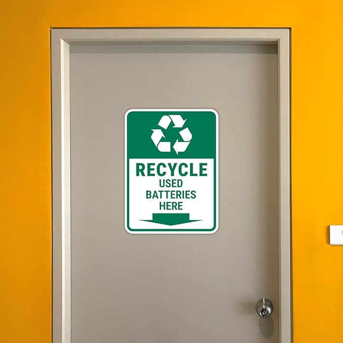 Portrait Round Plus Recycle Used Batteries Here Door or Wall Sign | Health & Safety Signage - Medium