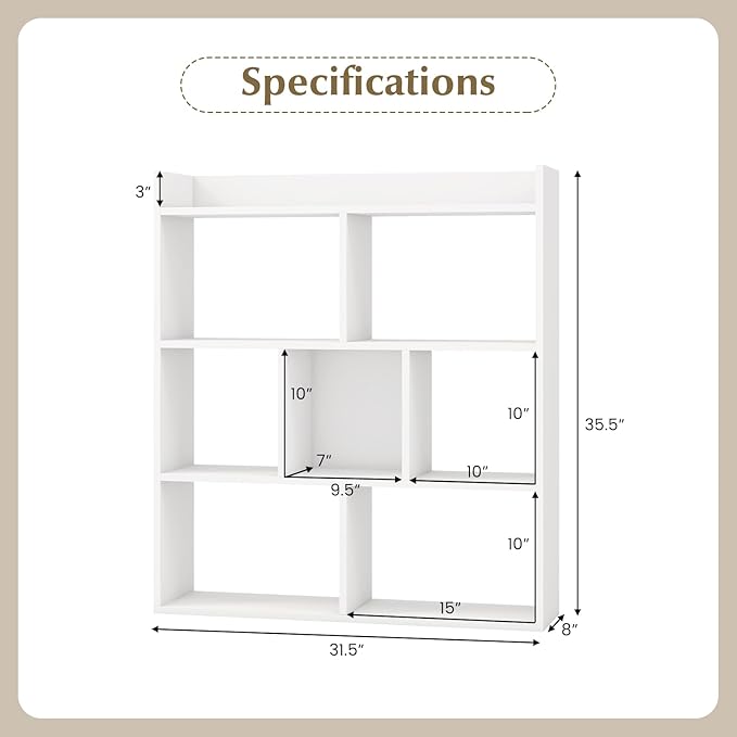 Giantex 7 Cube Bookshelf, Free-Standing Wooden Bookcase, 4 Tier Home Display Shelf, Horizontal Storage Unit w/Anti-Toppling Devices, Open-Back Display Rack for Study, Bedroom, Living Room, White