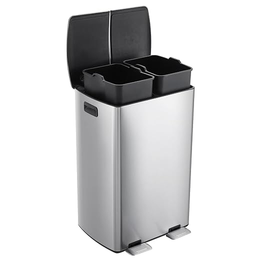 GarveeHome Commercial Dual Trash Can, 16 Gallon Stainless Steel Double Compartment Recycling Bin with Soft-Close Lids, Pedals & Plastic Inner Buckets, 60L Garbage Can for Kitchen, Home, Office, Silver