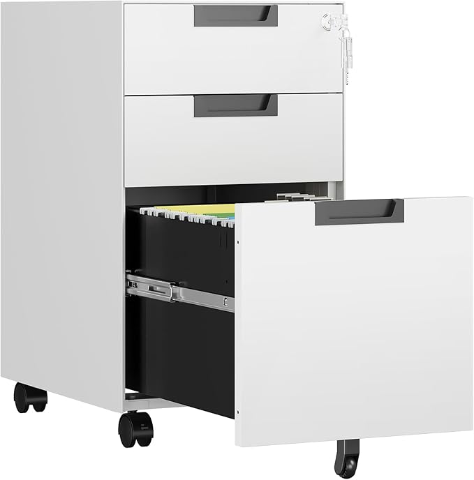 AFAIF 3 Drawer File Cabinet with Lock, Fully Assembled Metal Mobile Filing Cabinets for Home Office, Small Rolling File Caninet on Wheels for Legal/Letter / A4 File, White