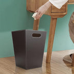 KINGFOM Classic Pu Leather Trash Can Wastebasket, Garbage Container Bin with Handles for Bathrooms, Powder Rooms, Kitchens, Home, Office and and High Class Hotel Square Brown