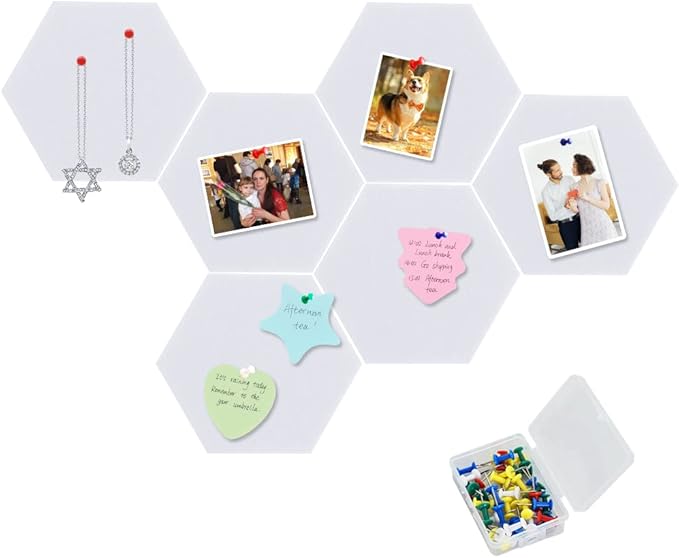 Vuzvuv 6 Pcs Hexagon Bulletin Board with 50 Pushpins & Sticky Note Adhesive Cork Board for Wall，Felt Pin Board for School，Office Decor（White）