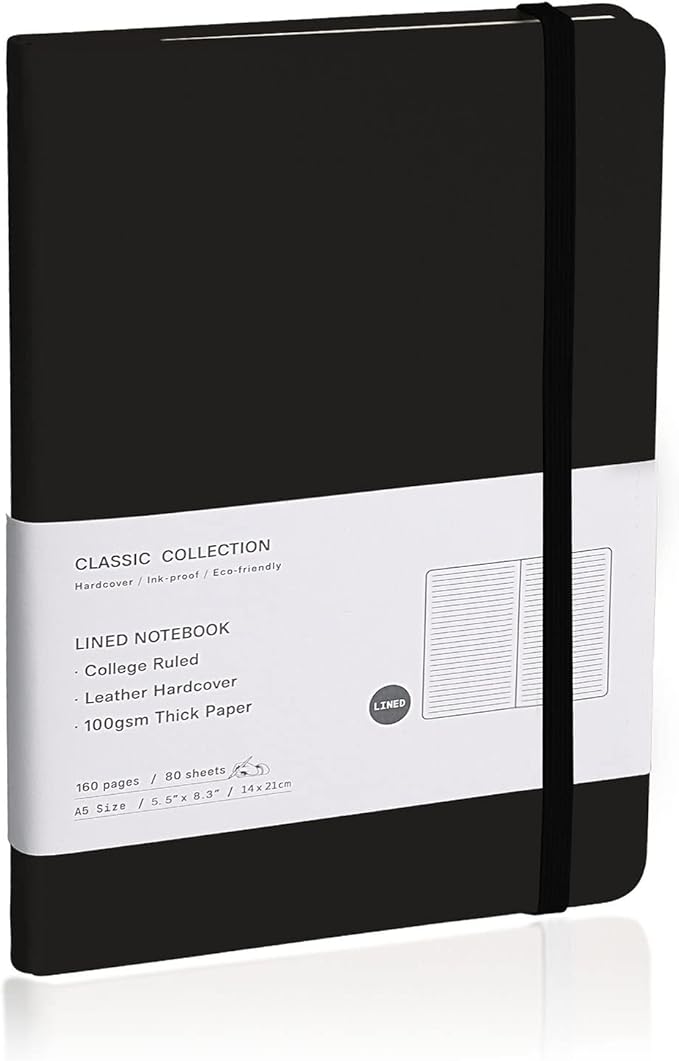 EMOMAS Lined Journal Notebook – Hardcover Notebook for Men & Women – Journals for Writing, Work, School, Home & Daily Notes, 160 Pages – Medium A5, 5.7"x8", 100 gsm Thick Paper (Black)