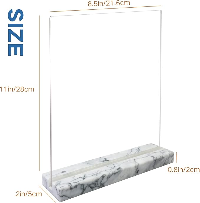 vrupin 2 Pack 8.5x11 Acrylic Sign Holder, Acrylic Frame Natural Marble Base, Clear Plastic Sign Holder Picture Photo Frames, Flyer Document Paper Display Stand for Office Desktop (white marble)