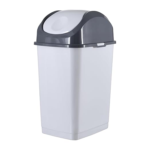 Superio 1.25 Gal Mini Plastic Trash Can with Swing Top Lid, Small Grey Waste Bin for Countertop, Desk, Vanity, Bathroom 5 Quart (WhiteSmoke/Grey)