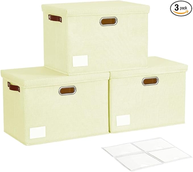 Roobyl 17" Large Collapsible Storage Bins with Lids, Stackable Closet Organizers with PU Handle and Labels, 3-Pack Decorative Fabric Storage Boxes for Home, Bedroom, Closet, Office, Nursery(Beige)