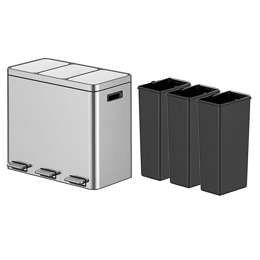 OUTLANE 60L 3-Compartment Stainless Steel Recycling Bin, Step Pedal, Quiet Close, Removable Liners, Fingerprint Resistant, Indoor Waste Bin for Home/Office, 37.6x63x58cm