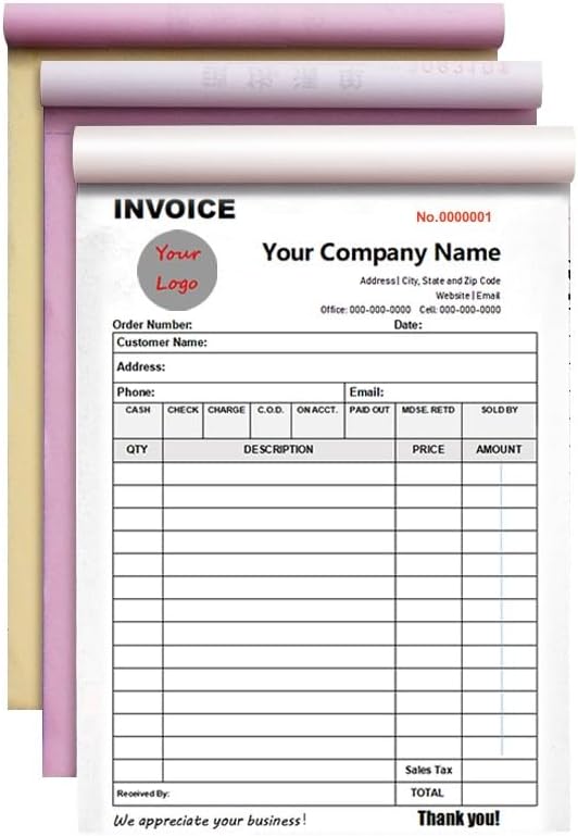 Personalized Invoice Book Custom 2 Part/3 Part Receipt Book Quote Estimate Order Forms Carbonless Form with Your Company Name Logo Address,2-10 Books (Style 7)