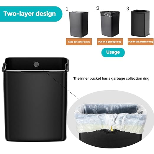 YOJIA 4 Gallon/15L Square Trash bin, Double Layer Bathroom Trash cans,Large Capacity,Elegant Garbage Can, for Home,Kitchen,Office,Hotel(15L Black)