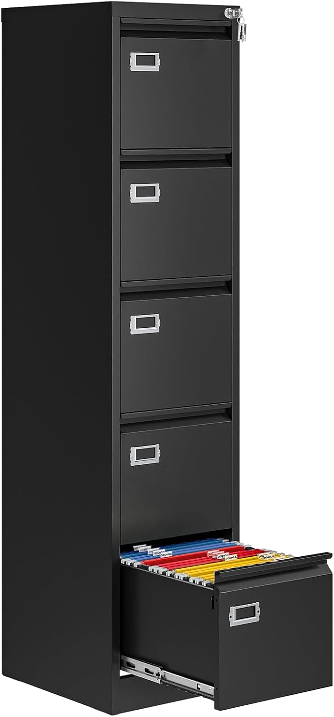 AFAIF 5 Drawer File Cabinet with Lock, Metal Filing Cabinets for Home Office, Vertical Black Locking File Caninet, Steel Narrow Five Drawer File Cabnet for Letter/Legal / A4 / B4- Assembly Required