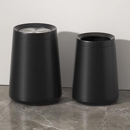YOJIA 10L / 2.6Gal Metal Black Trash Can with Swing Lid, Modern Brass Garbage Can with Removable Inner, Decorative Unique Waste Basket for Bathroom, Bedroom, Office, Hotel, (Black)