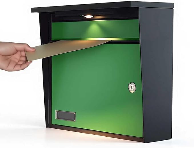 Solar Wall Mount Mailbox for Outside - Auto LED Light at Dusk, Large Locking Mail Box (13 x 3.7 x 12.2 Inches) with Key, Secure Metal Mailboxes for House Outside, Waterproof & Rust-Proof