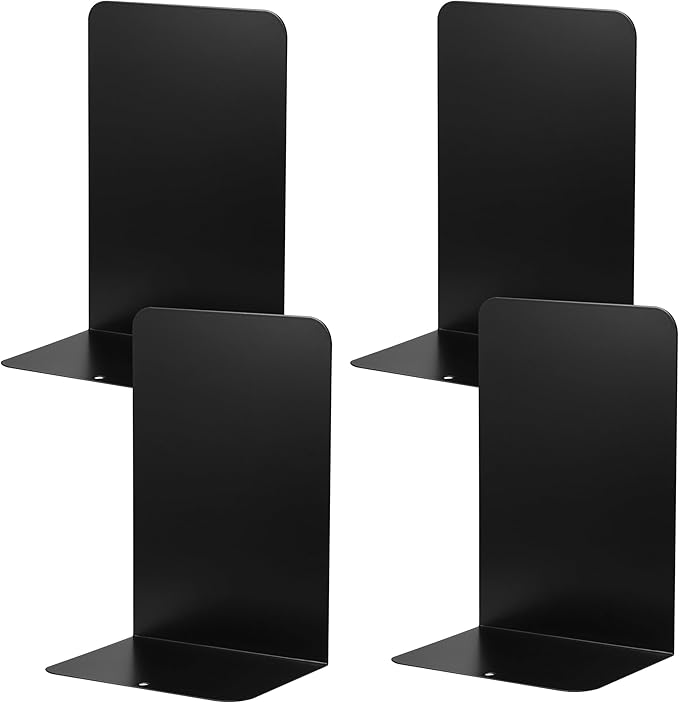 JIANTA Large Book Ends, Heavy Duty Metal Bookends, 2 Pairs/4 Pieces Book Stopper, Book Ends Support for Shelves, Black Non-Slip Bookshelf Holder Stand for Home Office Library School (8 x 5.3 x 4 in)