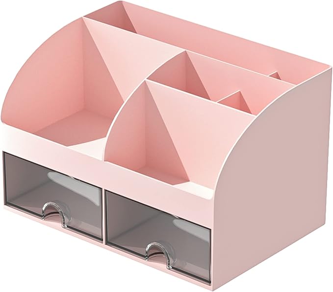 COMFYROOM Desk Organizer with 6 Compartments and 2 Drawers, Plastic Makeup Organizer, Pen Holder for Desktop Storage, Desk Organization for School, Home, Office Supplies (Pink)
