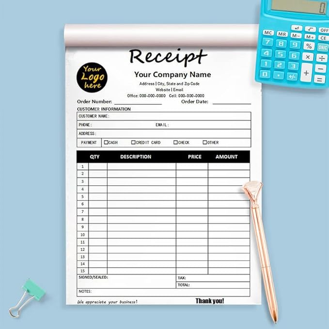 Custom Carbonless Sales Invoice Form Books for Small Business, Personalized NCR 2-Part Receipt Book with Carbon Copies, Cover Add Company Name, Address and Number Printed